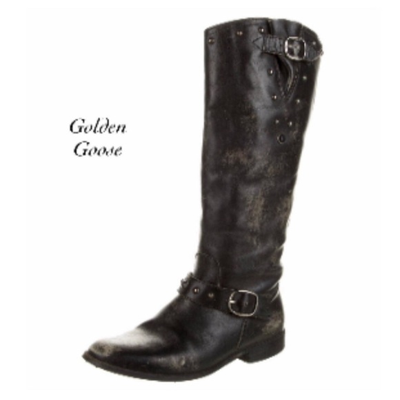 Golden Goose Black Distressed Studded
Buckle Knee High Riding Boots Size 36 - Picture 1 of 13